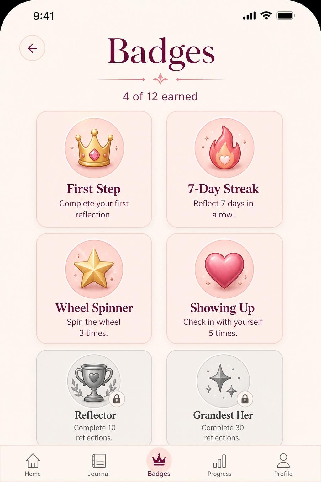 Badges screen of the 28 Days Her app