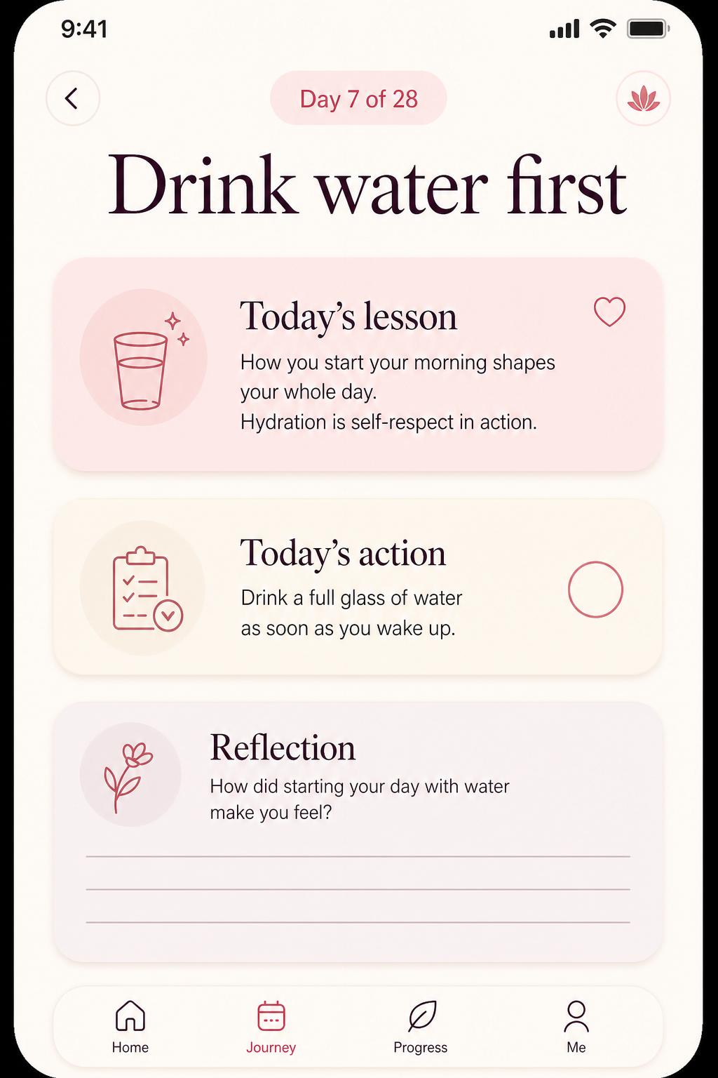 Daily Action screen of the 28 Days Her app